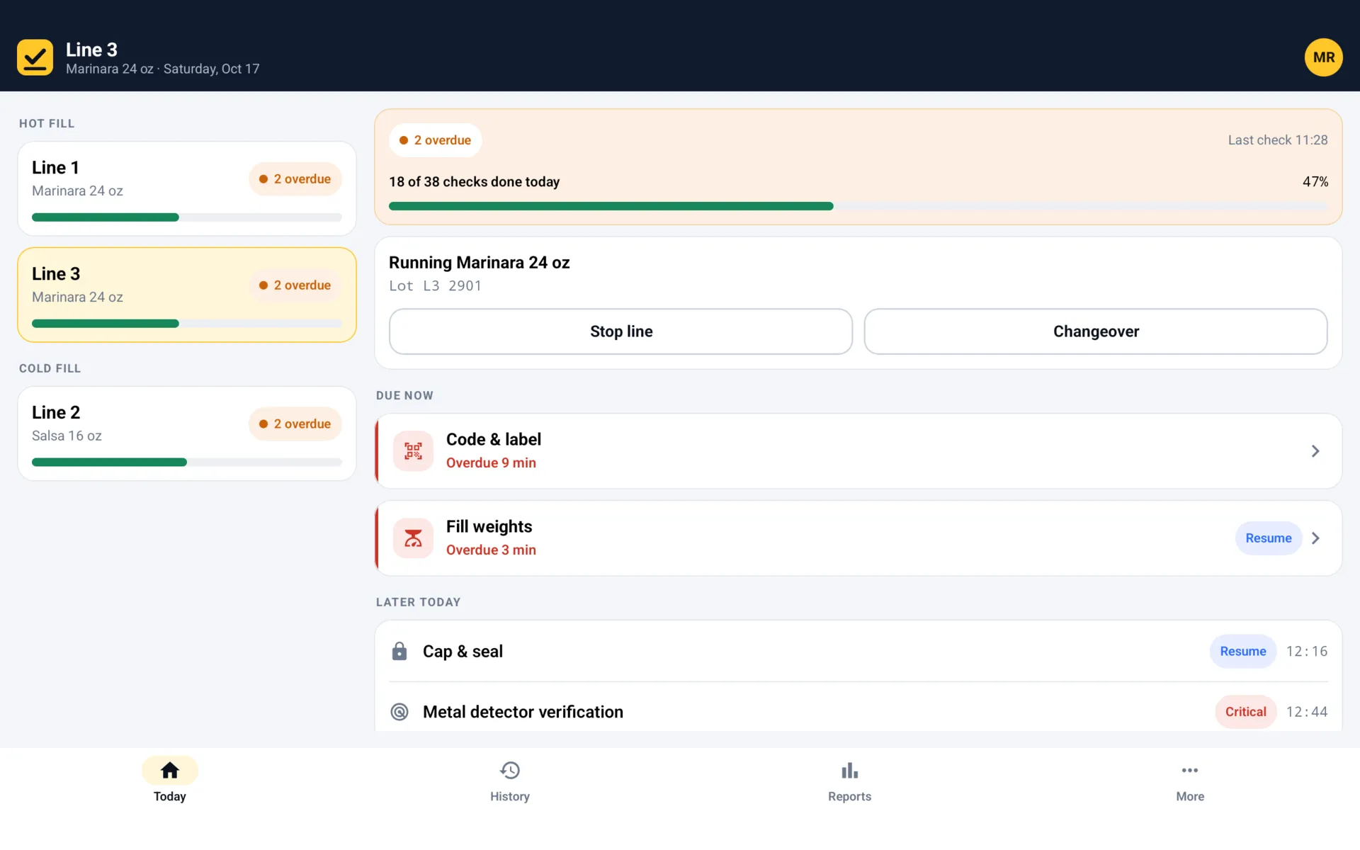 Tablet station view with every line's status and the checks due